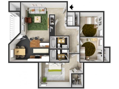 Floor plan for 3 beds, 2 baths, 1160 sqft