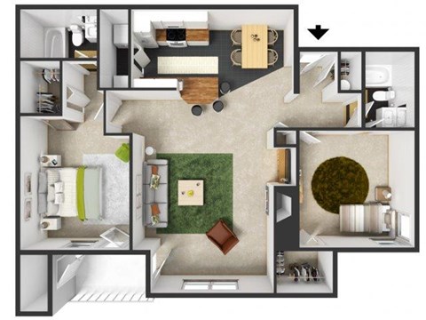 Floor plan for 2 beds, 2 baths, 1000 sqft