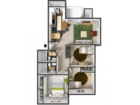 Floor plan for 3 beds, 2 baths, 1025 sqft