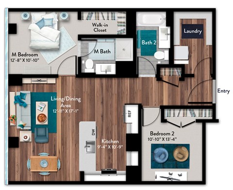 Floor plan for 2 beds, 2 baths, 1138 sqft