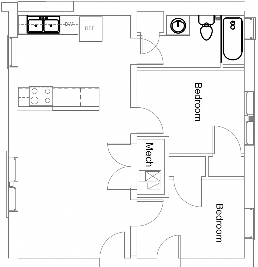Floor plan for 2 beds, 1 bath, 718 sqft