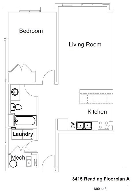 Floor plan for 1 bed, 1 bath, 800 sqft
