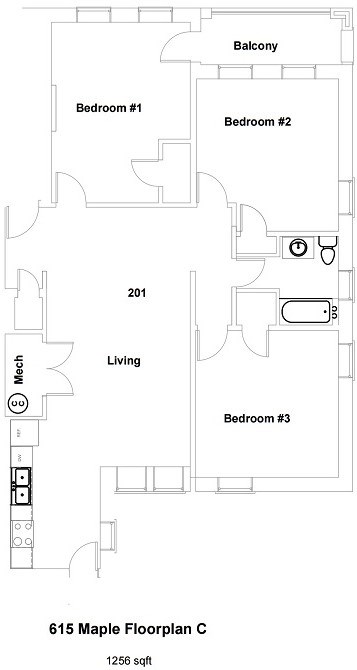 Floor plan for 3 beds, 1 bath, 1256 sqft