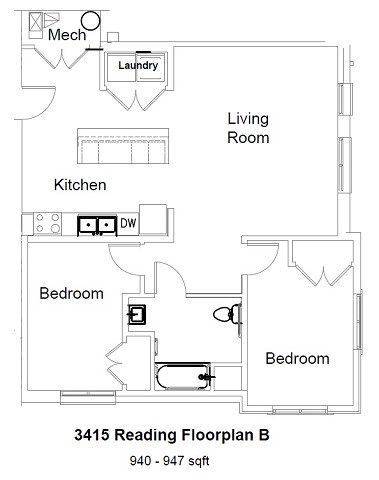 Floor plan for 2 beds, 1 bath, 980 sqft
