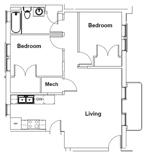 Floor plan for 2 beds, 1 bath, 742 sqft