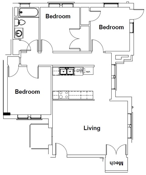 Floor plan for 3 beds, 1 bath, 933 sqft
