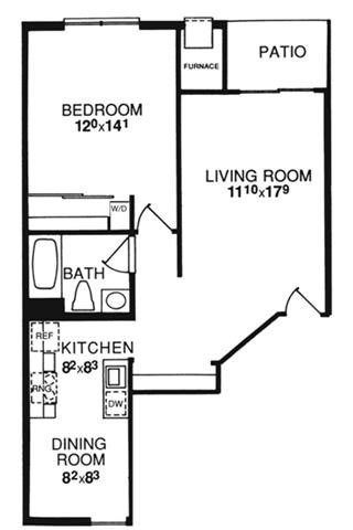 Floor plan for 1 bed, 1 bath, 750 sqft
