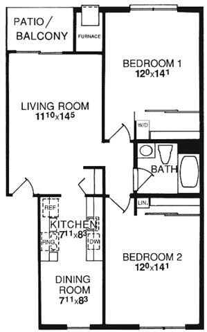 Floor plan for 2 beds, 1 bath, 950 sqft