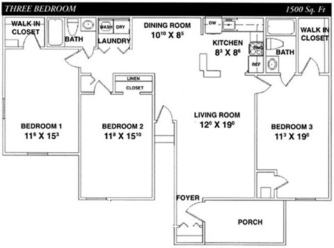 Floor plan for 3 beds, 2 baths, 1500 sqft