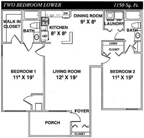 Floor plan for 2 beds, 2 baths, 1150 sqft