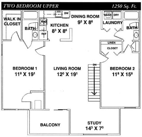 Floor plan for 2 beds, 2 baths, 1250 sqft