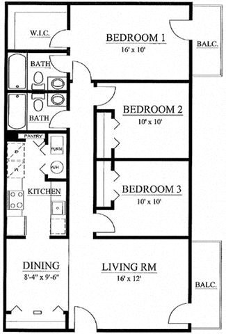 Floor plan for 3 beds, 2 baths, 1000 sqft