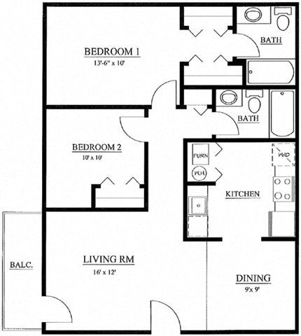 Floor plan for 2 beds, 1 bath, 845 sqft