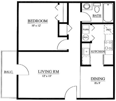 Floor plan for 1 bed, 1 bath, 745 sqft