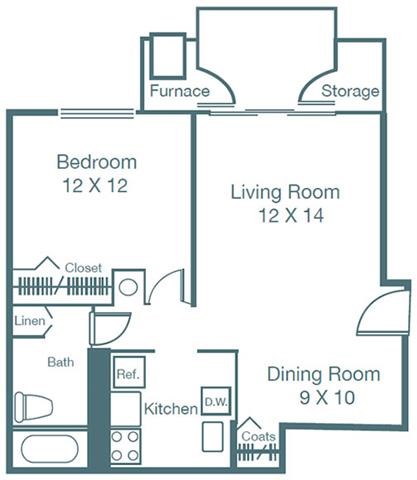 Floor plan for 1 bed, 1 bath, 850 sqft