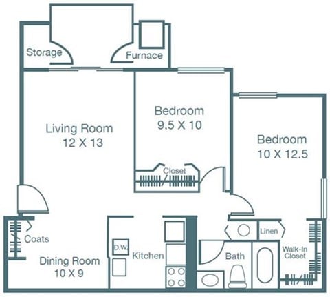 Floor plan for 2 beds, 1 bath, 950 sqft