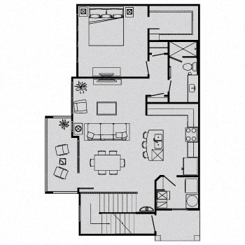 Floor plan for 1 bed, 1 bath, 841 sqft