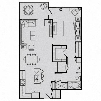 Floor plan for 1 bed, 1 bath, 912 sqft