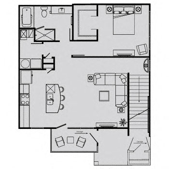 Floor plan for 1 bed, 1 bath, 848 sqft