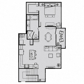 Floor plan for 1 bed, 1 bath, 923 sqft