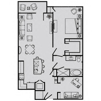 Floor plan for 1 bed, 1 bath, 968 sqft