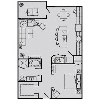 Floor plan for 1 bed, 1 bath, 952 sqft