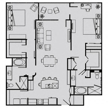 Floor plan for 2 beds, 2 baths, 1390 sqft