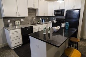 East Lansing apartment for rent - a kitchen with black countertops and white cabinets and a black refrigerator