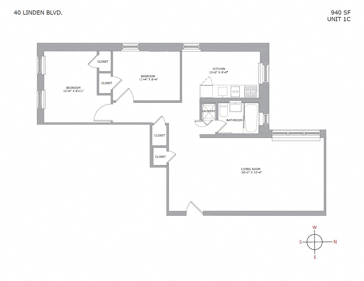 Floor plan for 2 beds, 1 bath, 950 sqft