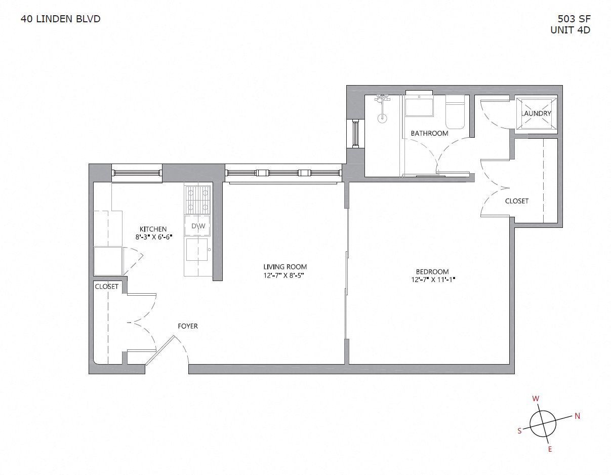 Floor plan for 1 bed, 1 bath, 700 sqft