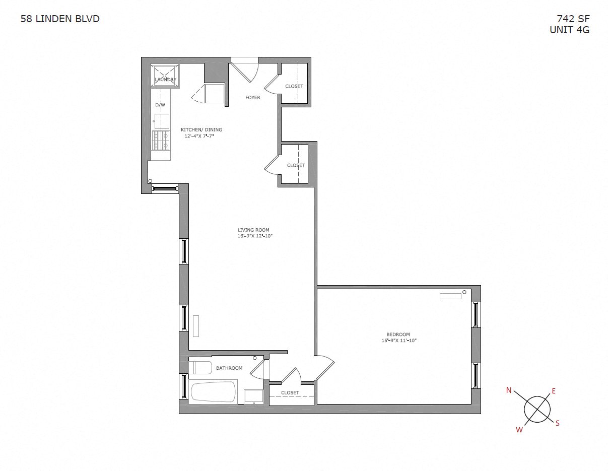 Floor plan for 1 bed, 1 bath, 750 sqft