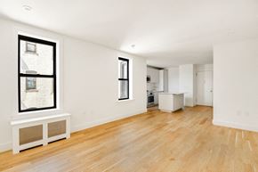 Brooklyn apartment for rent - the living room and kitchen of an apartment with wood floors and a large window