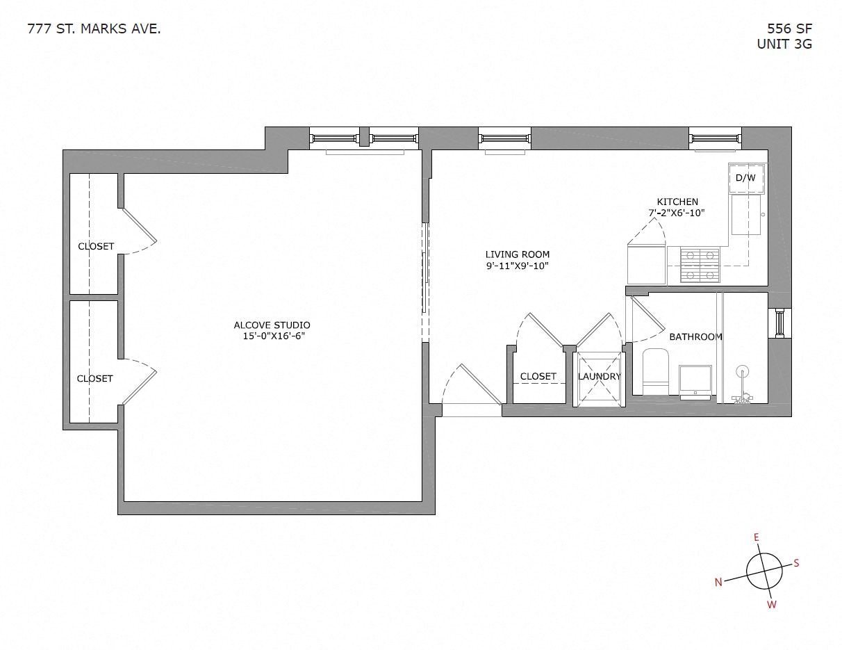 Floor plan for 1 bed, 1 bath, 600 sqft