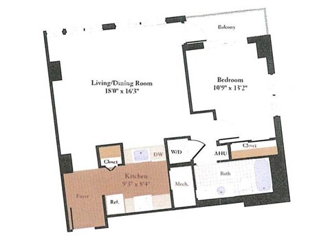Floor plan for 1 bed, 1 bath, 725 sqft