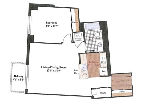 Floor plan for 1 bed, 1 bath, 750 sqft