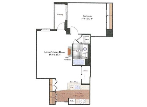 Floor plan for 1 bed, 1 bath, 842 sqft