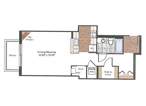 Floor plan for studio, 1 bath, 595 sqft