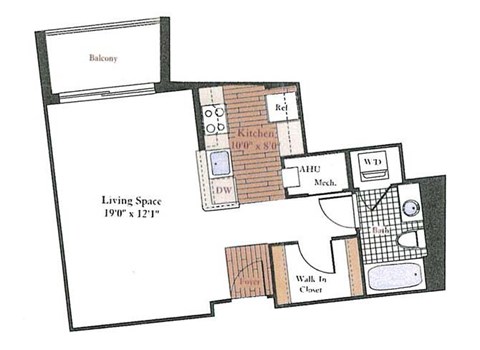Floor plan for studio, 1 bath, 508 sqft
