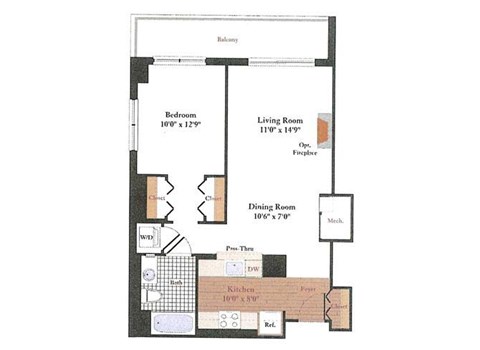 Floor plan for 1 bed, 1 bath, 704 sqft