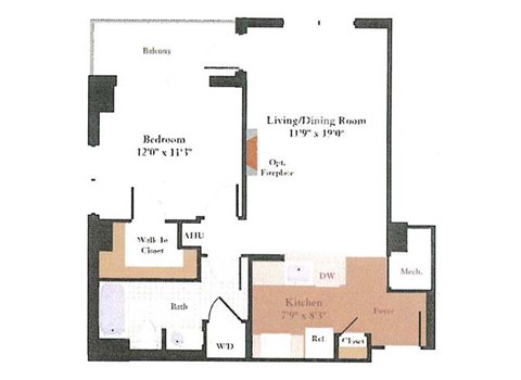 Floor plan for 1 bed, 1 bath, 658 sqft