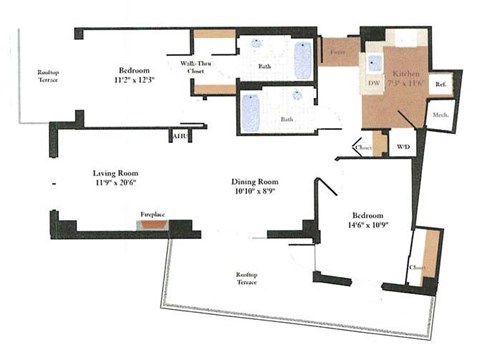 Floor plan for 2 beds, 2 baths, 1382 sqft