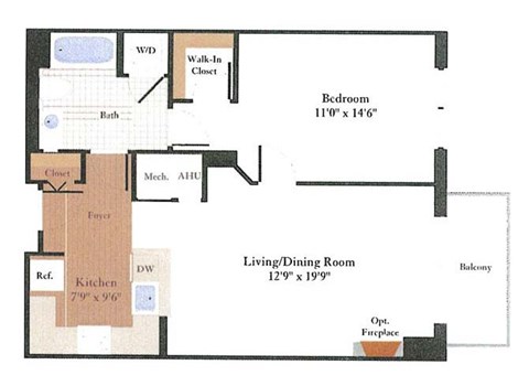 Floor plan for 1 bed, 1 bath, 730 sqft