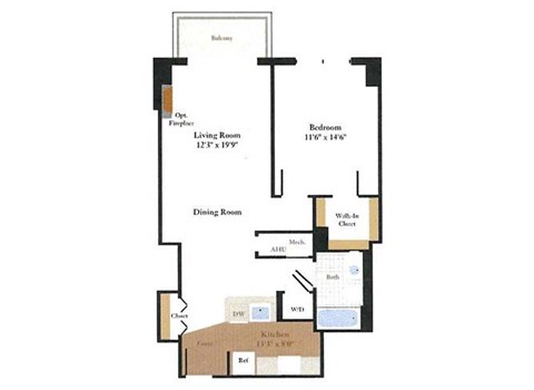 Floor plan for 1 bed, 1 bath, 771 sqft