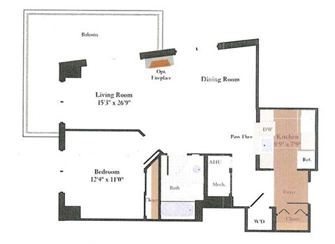Floor plan for 1 bed, 1 bath, 762 sqft