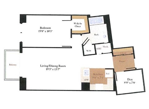 Floor plan for 1 bed, 1 bath, 786 sqft