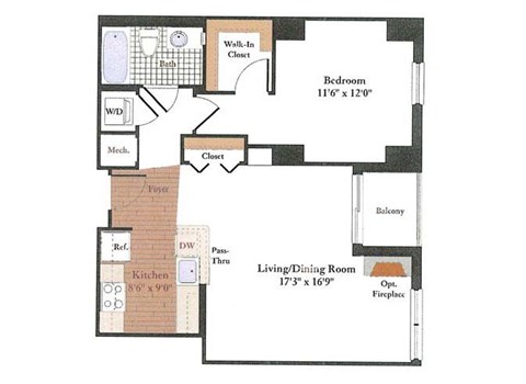 Floor plan for 1 bed, 1 bath, 718 sqft