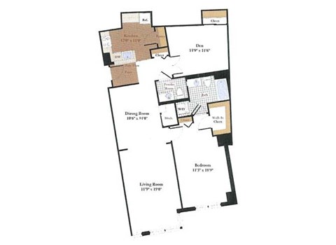 Floor plan for 1 bed, 1.5 baths, 1168 sqft