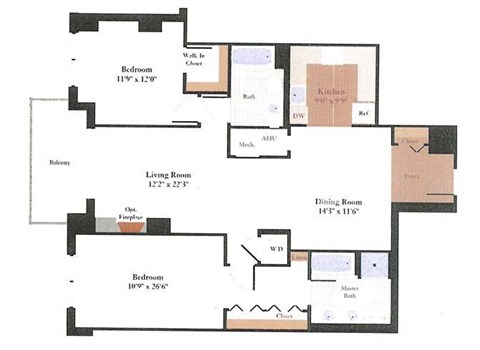 Floor plan for 2 beds, 2 baths, 1196 sqft