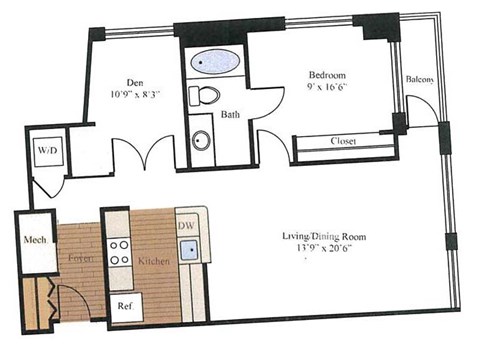Floor plan for 1 bed, 1 bath, 813 sqft