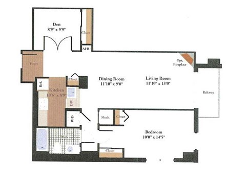 Floor plan for 1 bed, 1 bath, 869 sqft